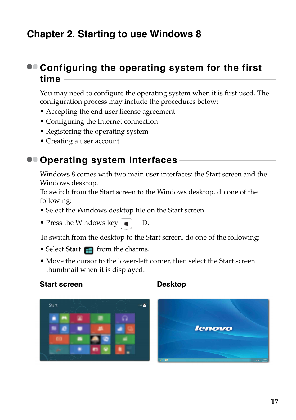 Chapter 2. starting to use windows 8, Operating system interfaces | Lenovo G500s Touch Notebook User Manual | Page 21 / 48