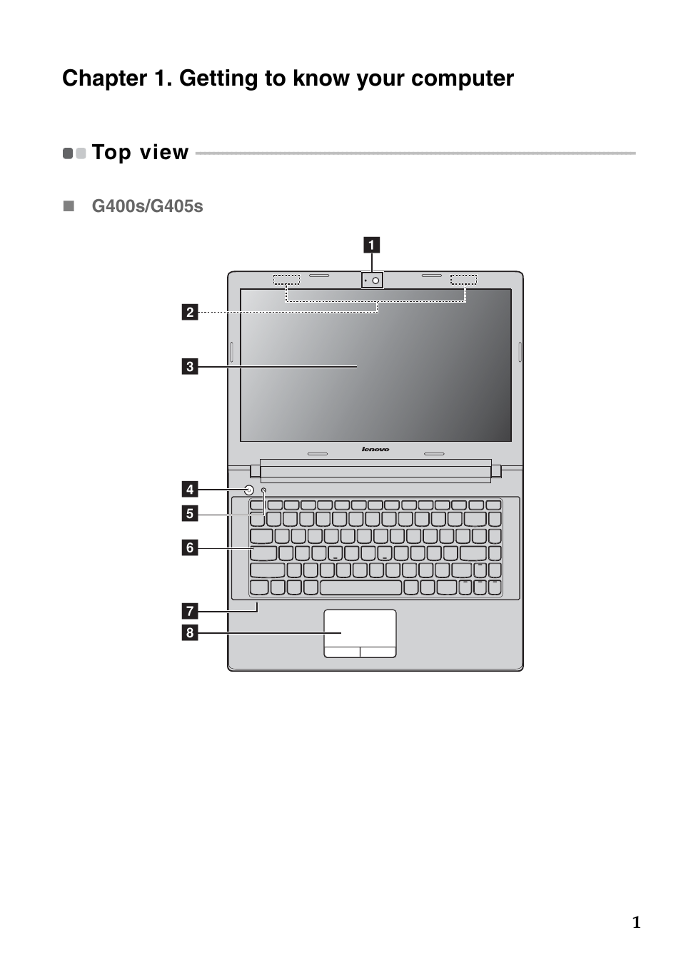 Chapter 1. getting to know your computer, Top view | Lenovo G500s Touch Notebook User Manual | Page 5 / 48