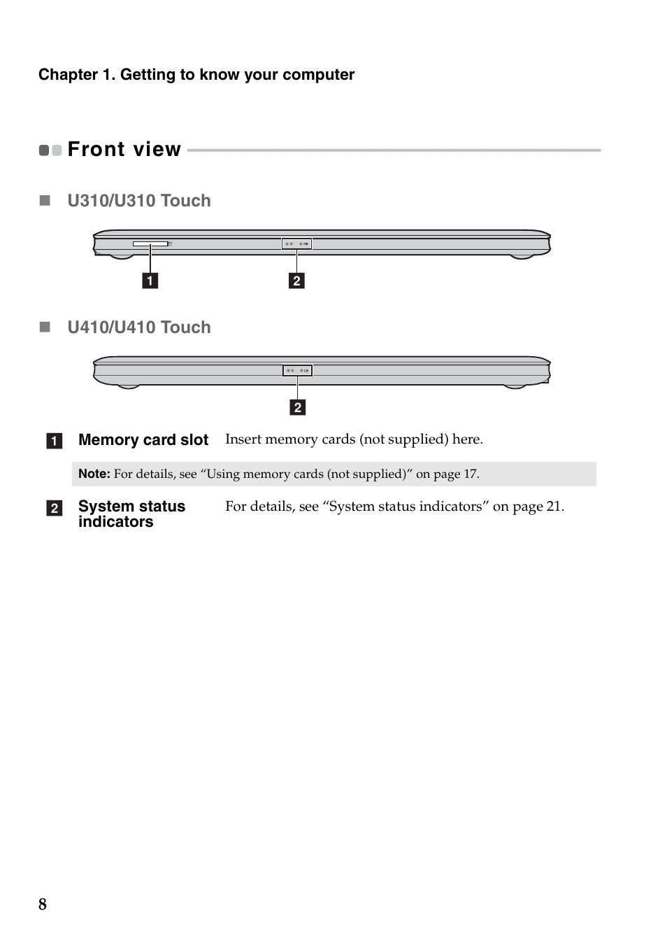 Front view | Lenovo IdeaPad U310 Touch Notebook User Manual | Page 12 / 52