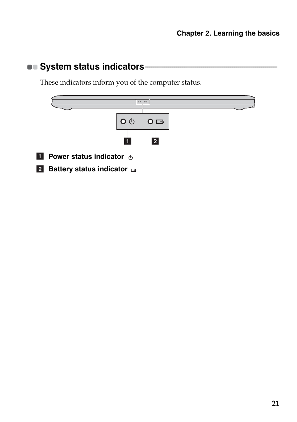 System status indicators | Lenovo IdeaPad U310 Touch Notebook User Manual | Page 25 / 52