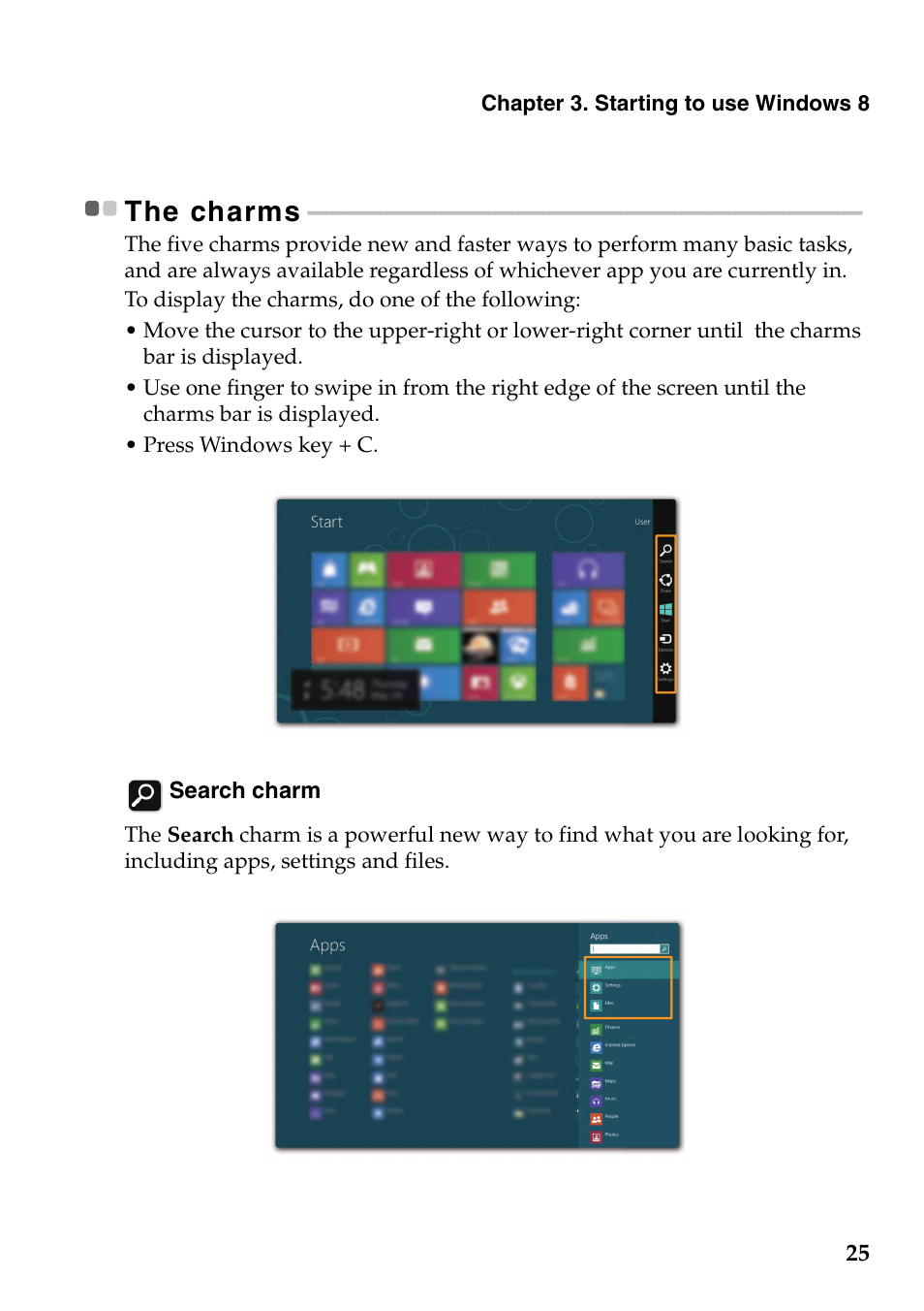 The charms | Lenovo IdeaPad U310 Touch Notebook User Manual | Page 29 / 52