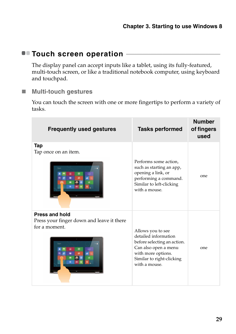 Touch screen operation | Lenovo IdeaPad U310 Touch Notebook User Manual | Page 33 / 52