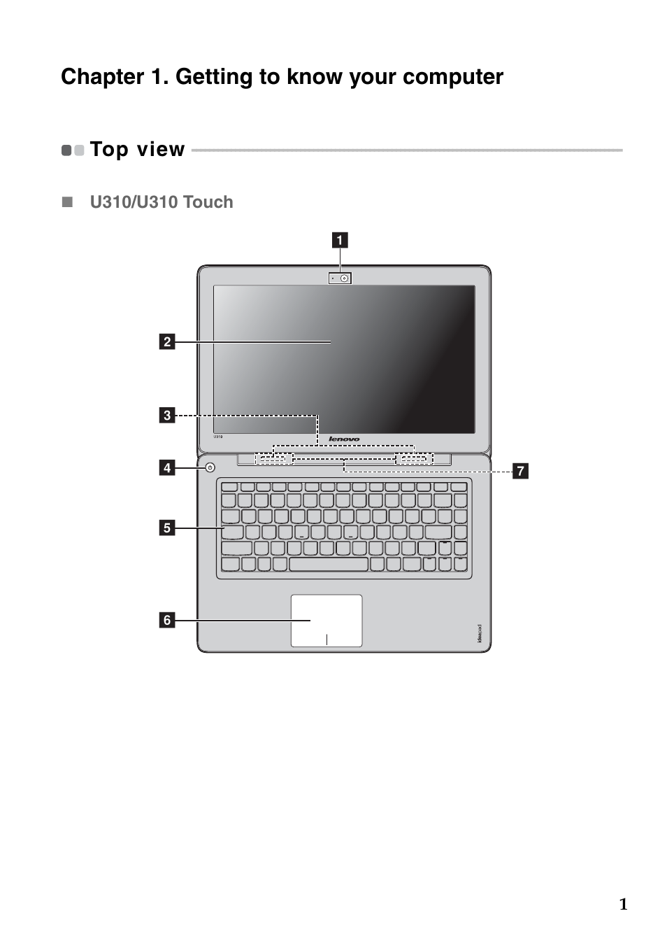 Chapter 1. getting to know your computer, Top view | Lenovo IdeaPad U310 Touch Notebook User Manual | Page 5 / 52