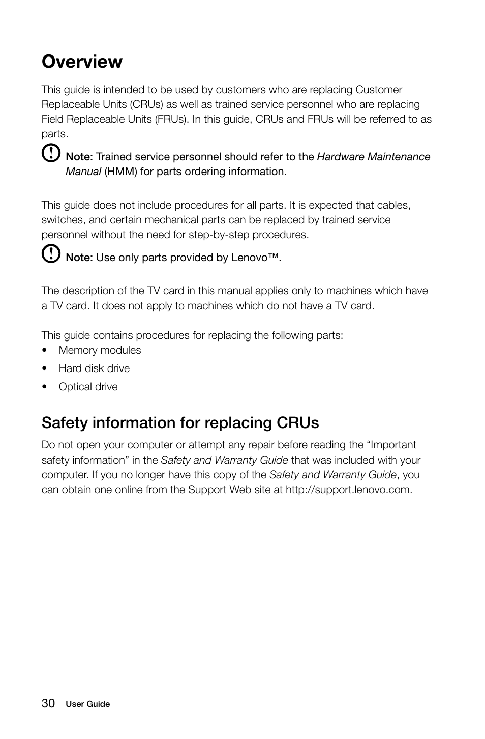 Overview, Safety information for replacing crus | Lenovo E50-00 Desktop User Manual | Page 35 / 53