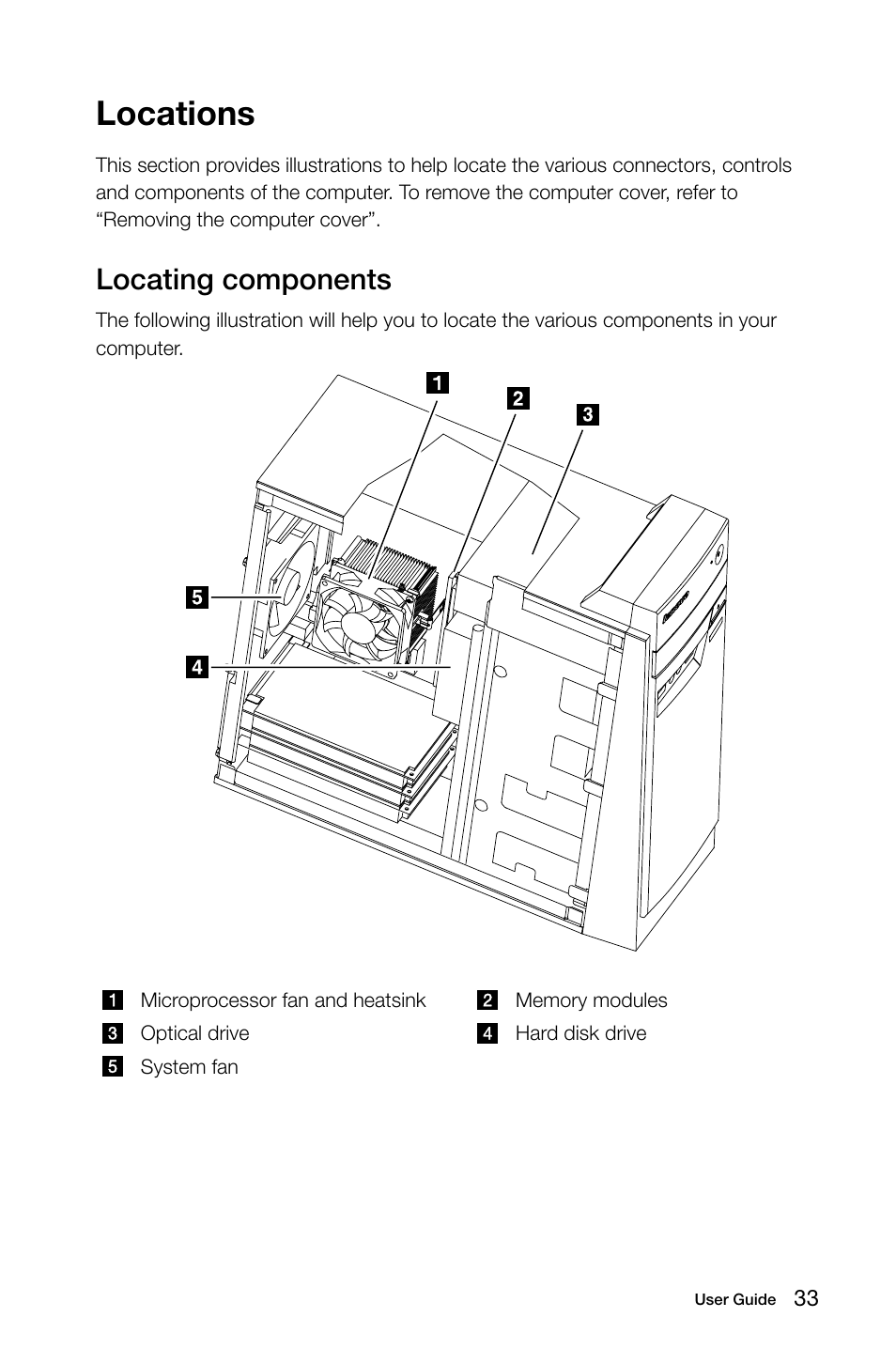 Locations, Locating components | Lenovo E50-00 Desktop User Manual | Page 38 / 53