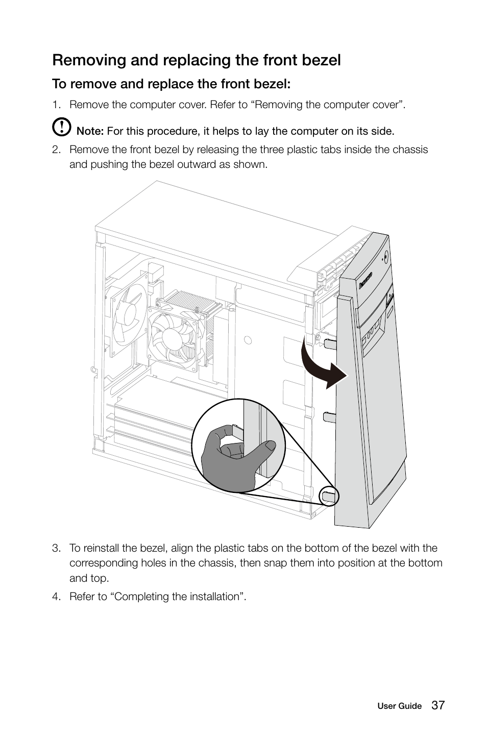 Removing and replacing the front bezel | Lenovo E50-00 Desktop User Manual | Page 42 / 53