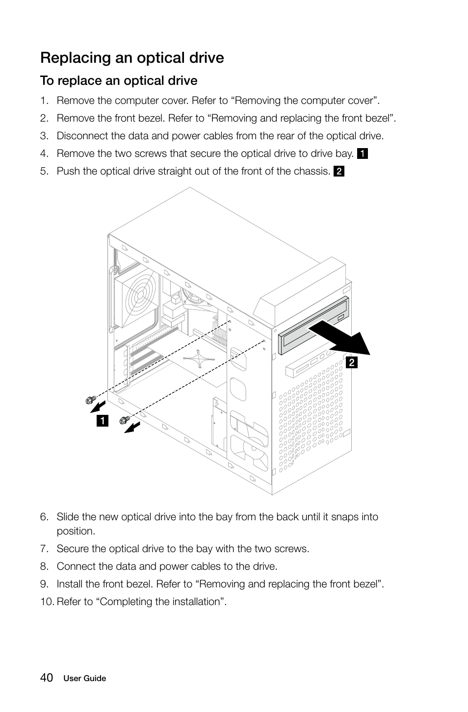 Replacing an optical drive | Lenovo E50-00 Desktop User Manual | Page 45 / 53