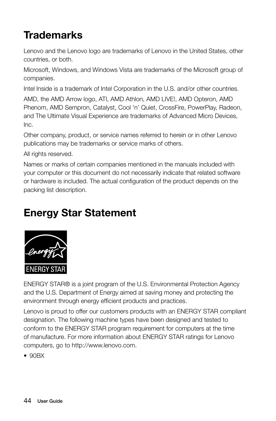 Trademarks, Energy star statement | Lenovo E50-00 Desktop User Manual | Page 49 / 53