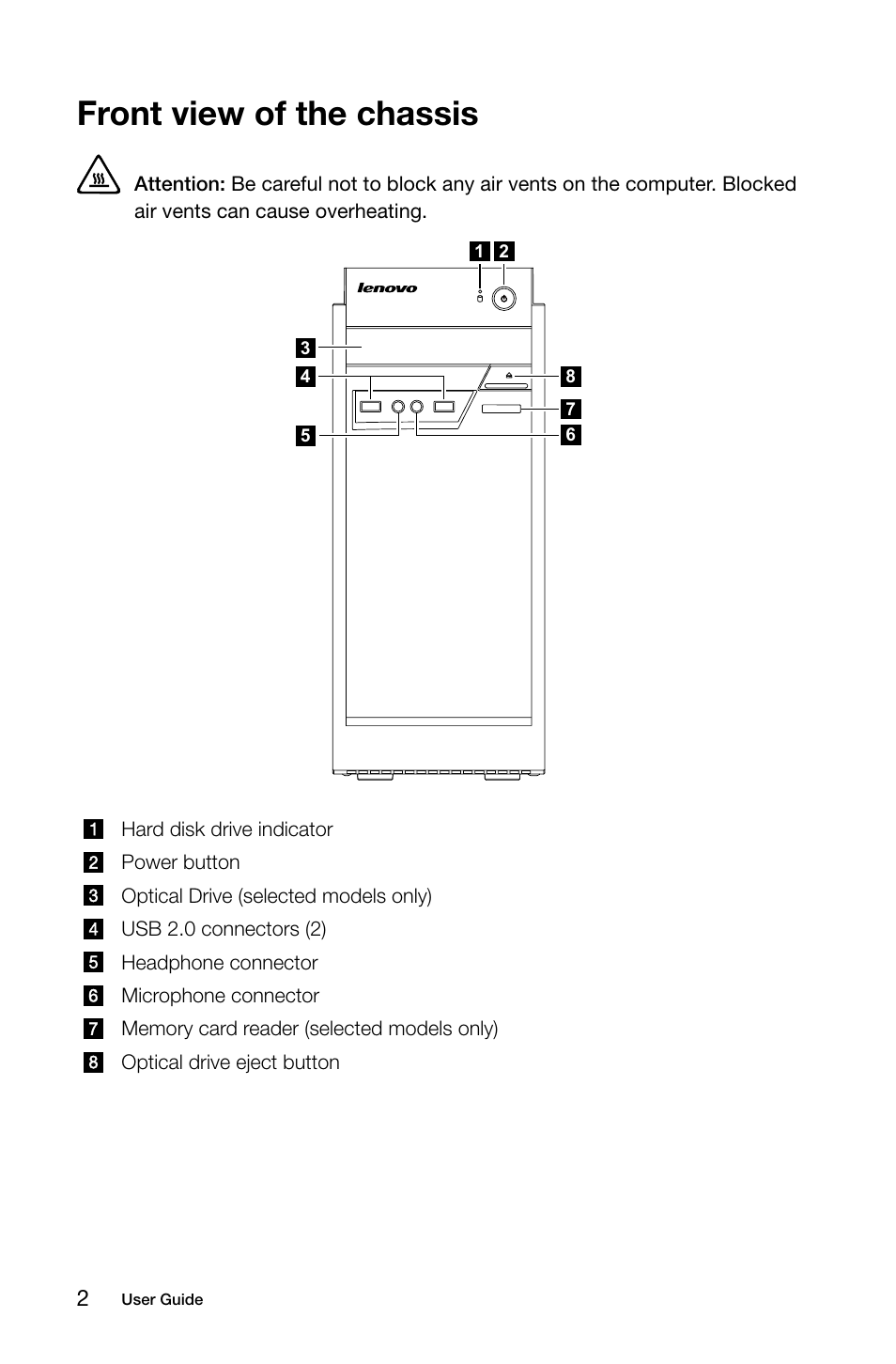 Front view of the chassis | Lenovo E50-00 Desktop User Manual | Page 7 / 53