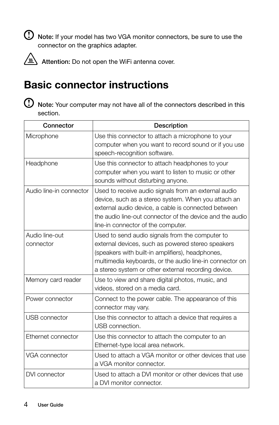 Basic connector instructions | Lenovo E50-00 Desktop User Manual | Page 9 / 53