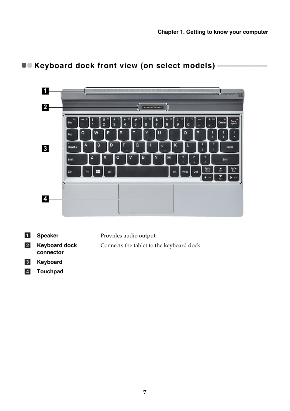 Keyboard dock front view (on select models) | Lenovo Miix 2 10 Tablet Lenovo User Manual | Page 11 / 34