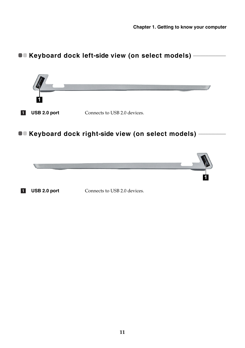 Keyboard dock left-side view (on select models), Keyboard dock right-side view (on select models) | Lenovo Miix 2 10 Tablet Lenovo User Manual | Page 15 / 34