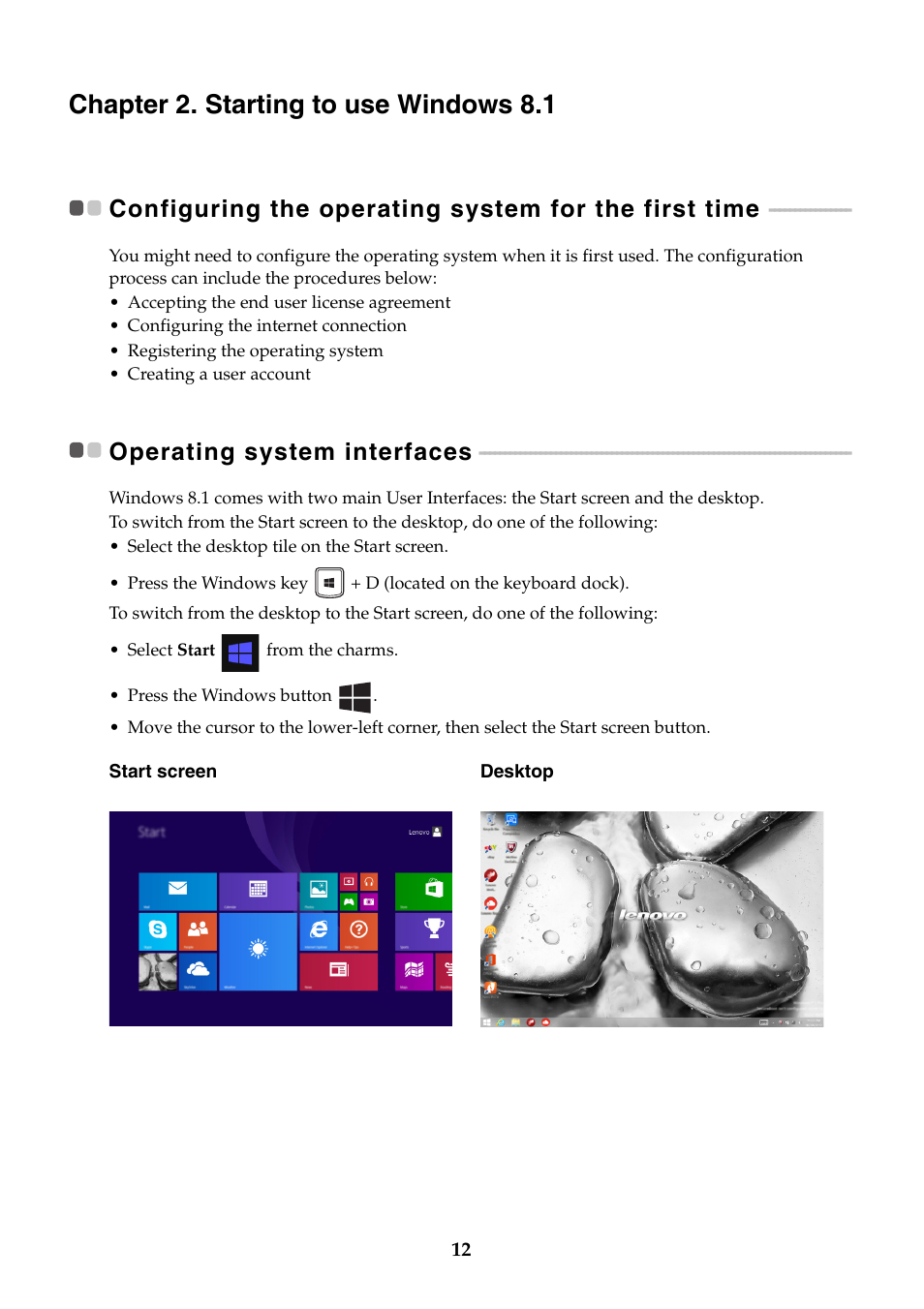 Chapter 2. starting to use windows 8.1, Operating system interfaces | Lenovo Miix 2 10 Tablet Lenovo User Manual | Page 16 / 34