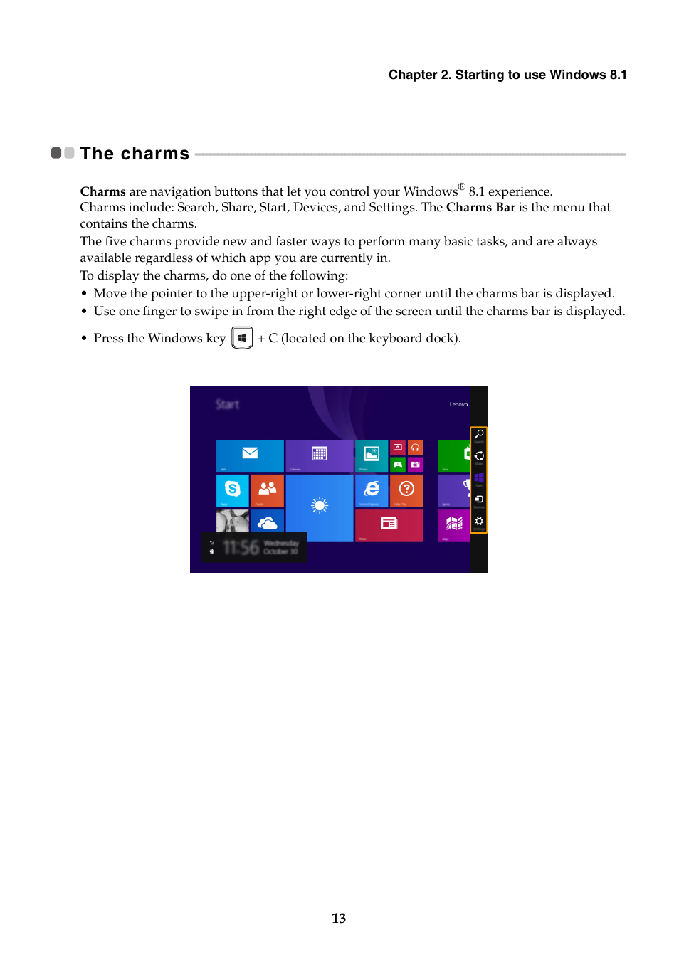 The charms | Lenovo Miix 2 10 Tablet Lenovo User Manual | Page 17 / 34