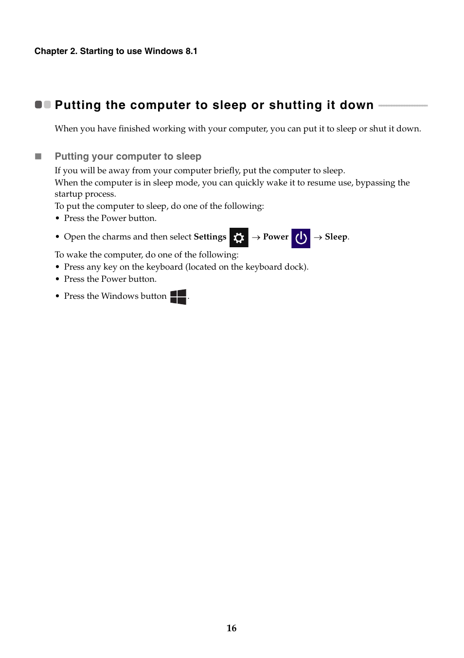 Putting the computer to sleep or shutting it down | Lenovo Miix 2 10 Tablet Lenovo User Manual | Page 20 / 34