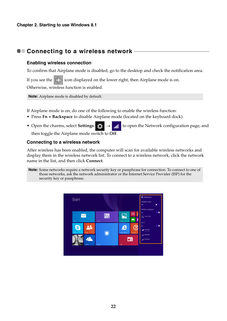 Connecting to a wireless network | Lenovo Miix 2 10 Tablet Lenovo User Manual | Page 26 / 34