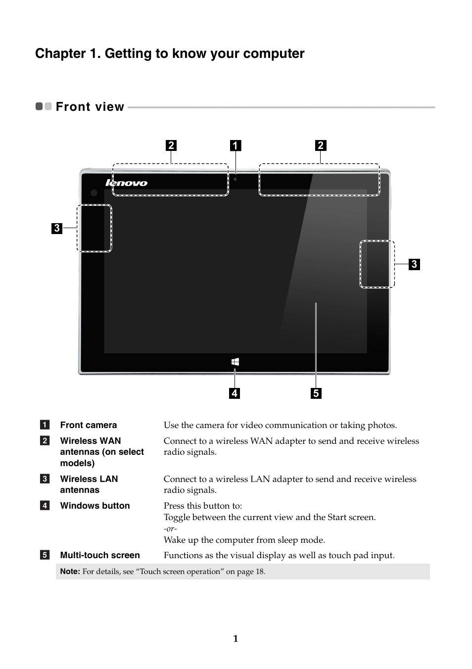 Chapter 1. getting to know your computer, Front view | Lenovo Miix 2 10 Tablet Lenovo User Manual | Page 5 / 34