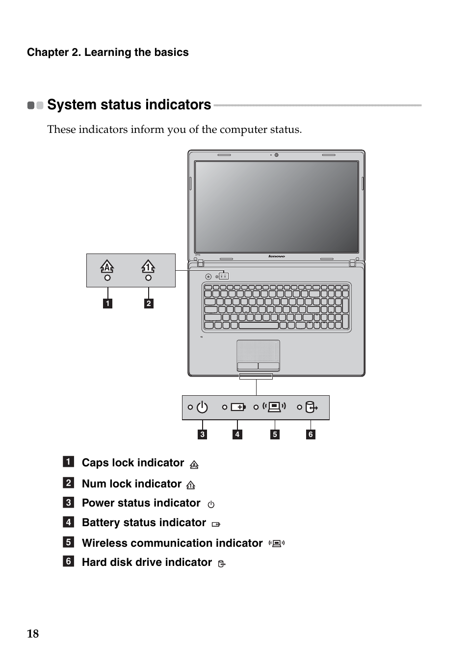 System status indicators | Lenovo G770 Notebook User Manual | Page 22 / 51