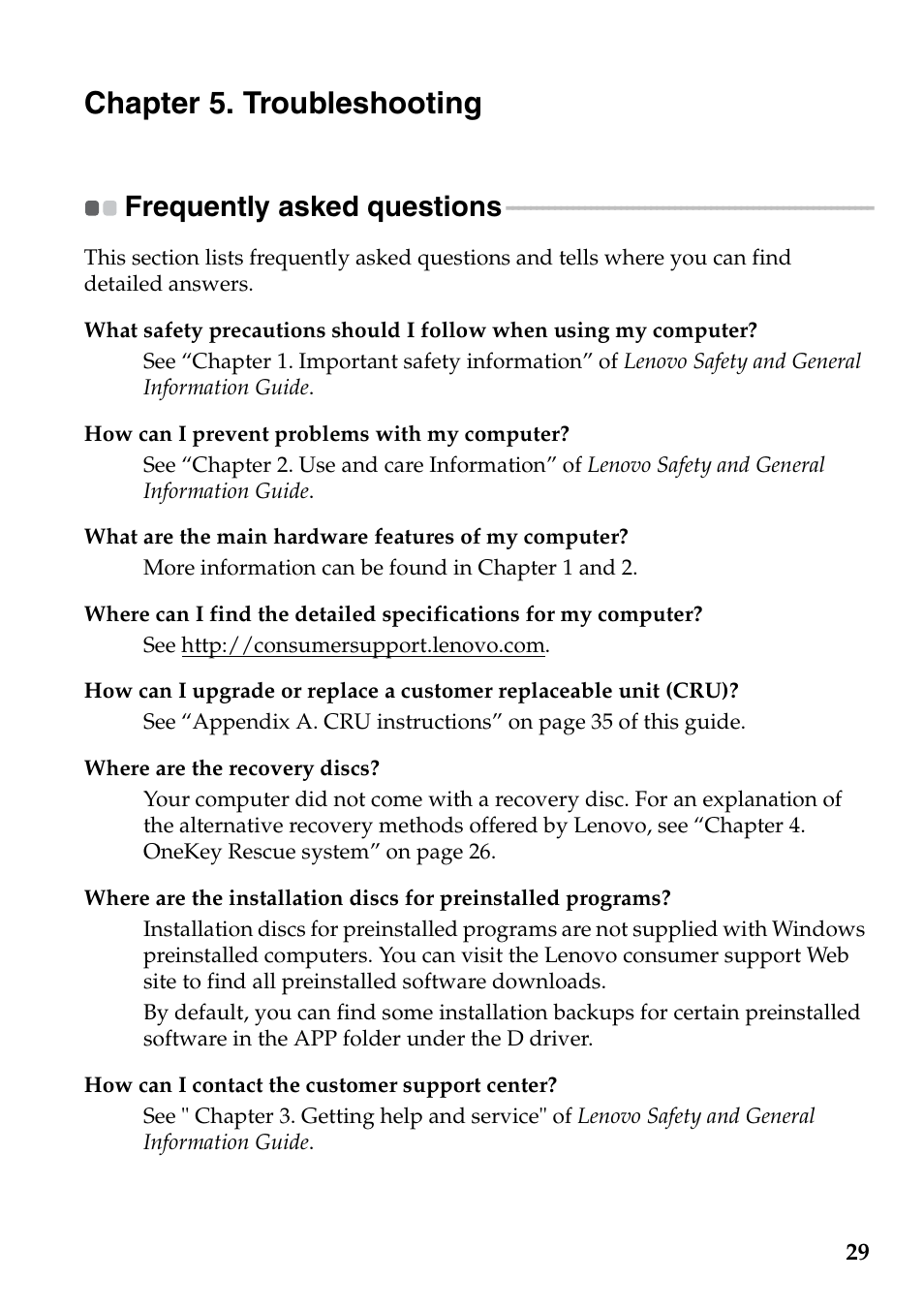 Chapter 5. troubleshooting, Frequently asked questions | Lenovo G770 Notebook User Manual | Page 33 / 51