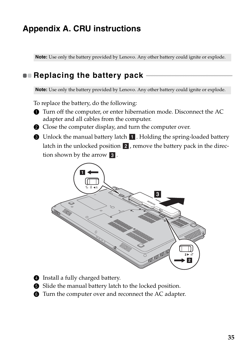 Appendix a. cru instructions, Replacing the battery pack | Lenovo G770 Notebook User Manual | Page 39 / 51