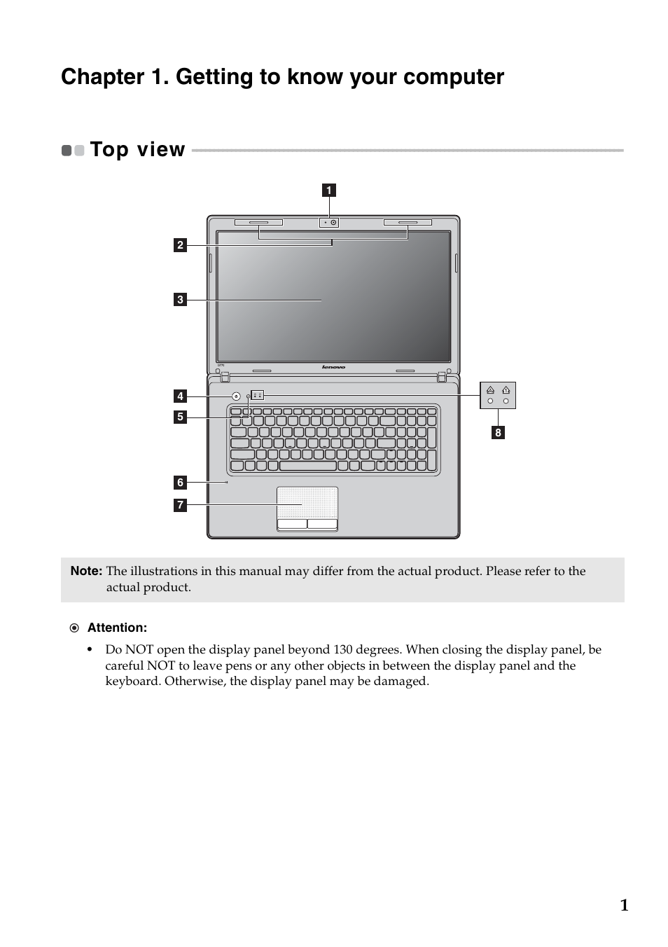 Chapter 1. getting to know your computer, Top view | Lenovo G770 Notebook User Manual | Page 5 / 51