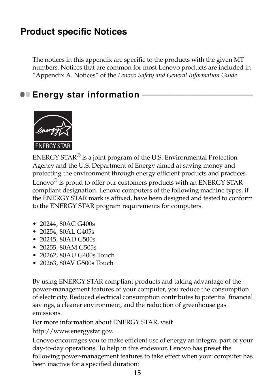 Product specific notices, Energy star information | Lenovo G400s Touch Notebook User Manual | Page 15 / 26