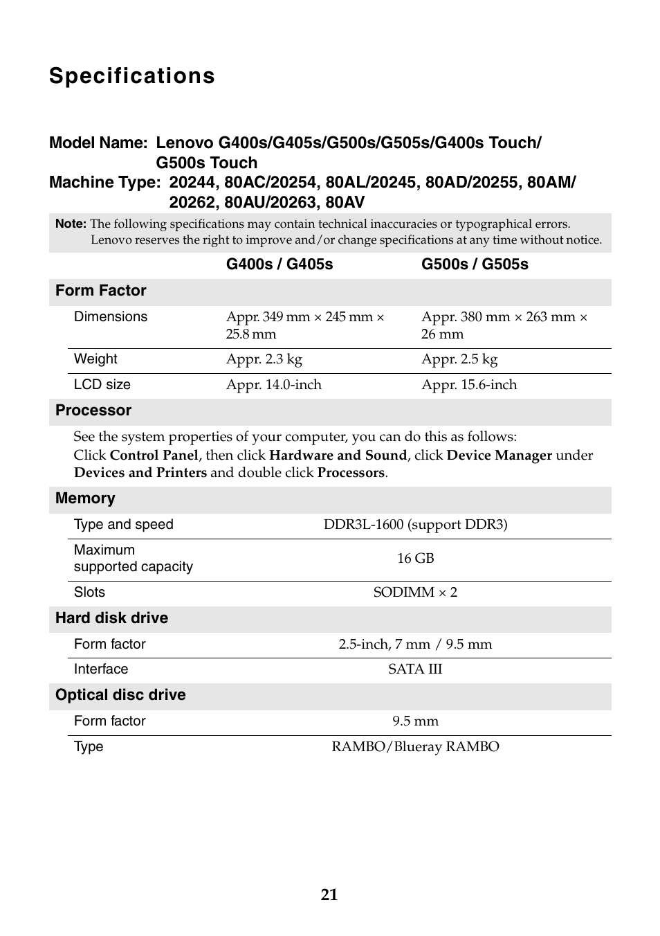 Specifications | Lenovo G400s Touch Notebook User Manual | Page 21 / 26