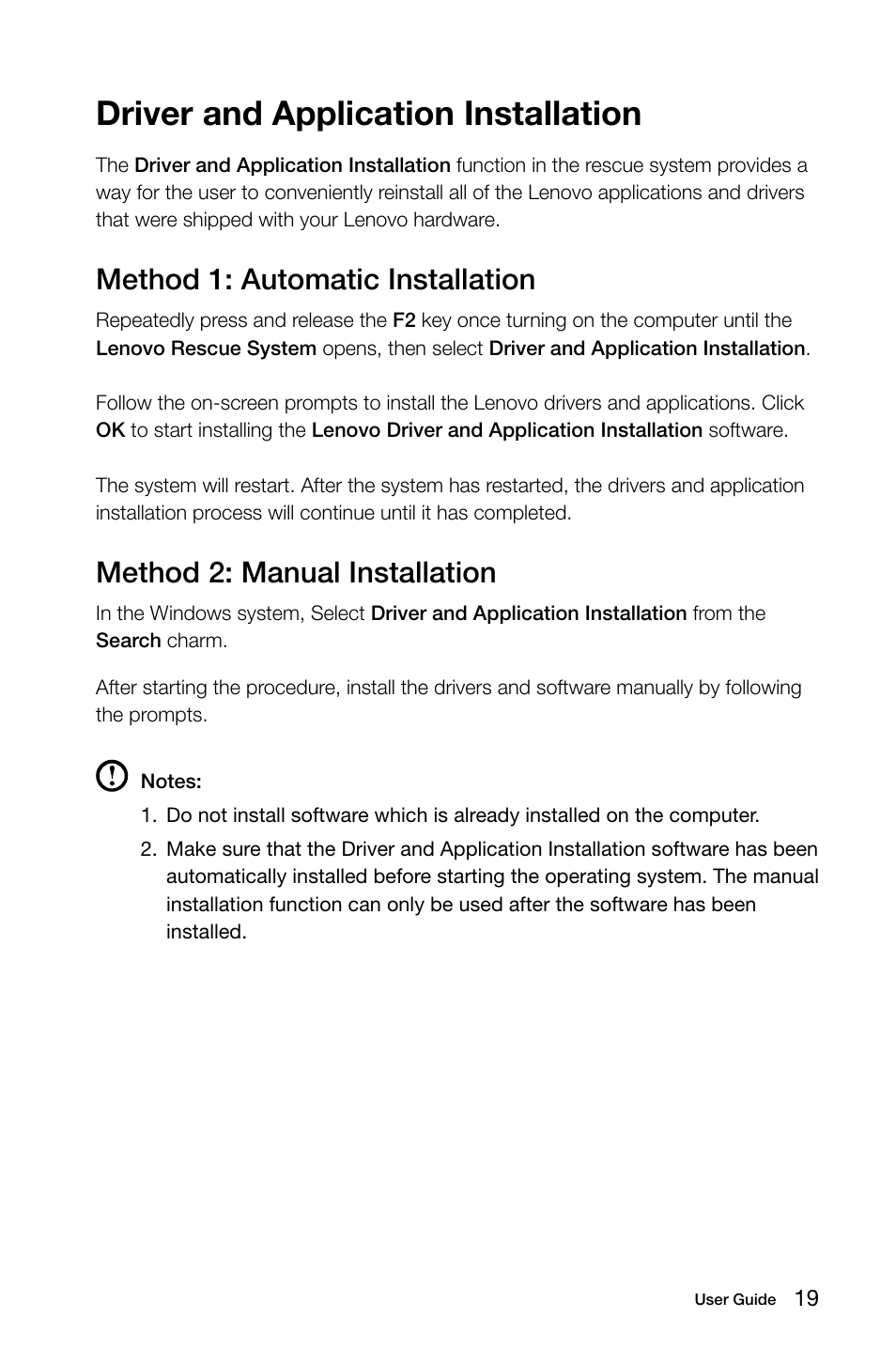 Driver and application installation, Method 1: automatic installation, Method 2: manual installation | Lenovo H50-50 Desktop User Manual | Page 24 / 63