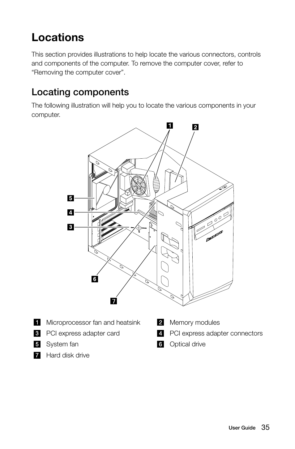 Locations, Locating components | Lenovo H50-50 Desktop User Manual | Page 40 / 63