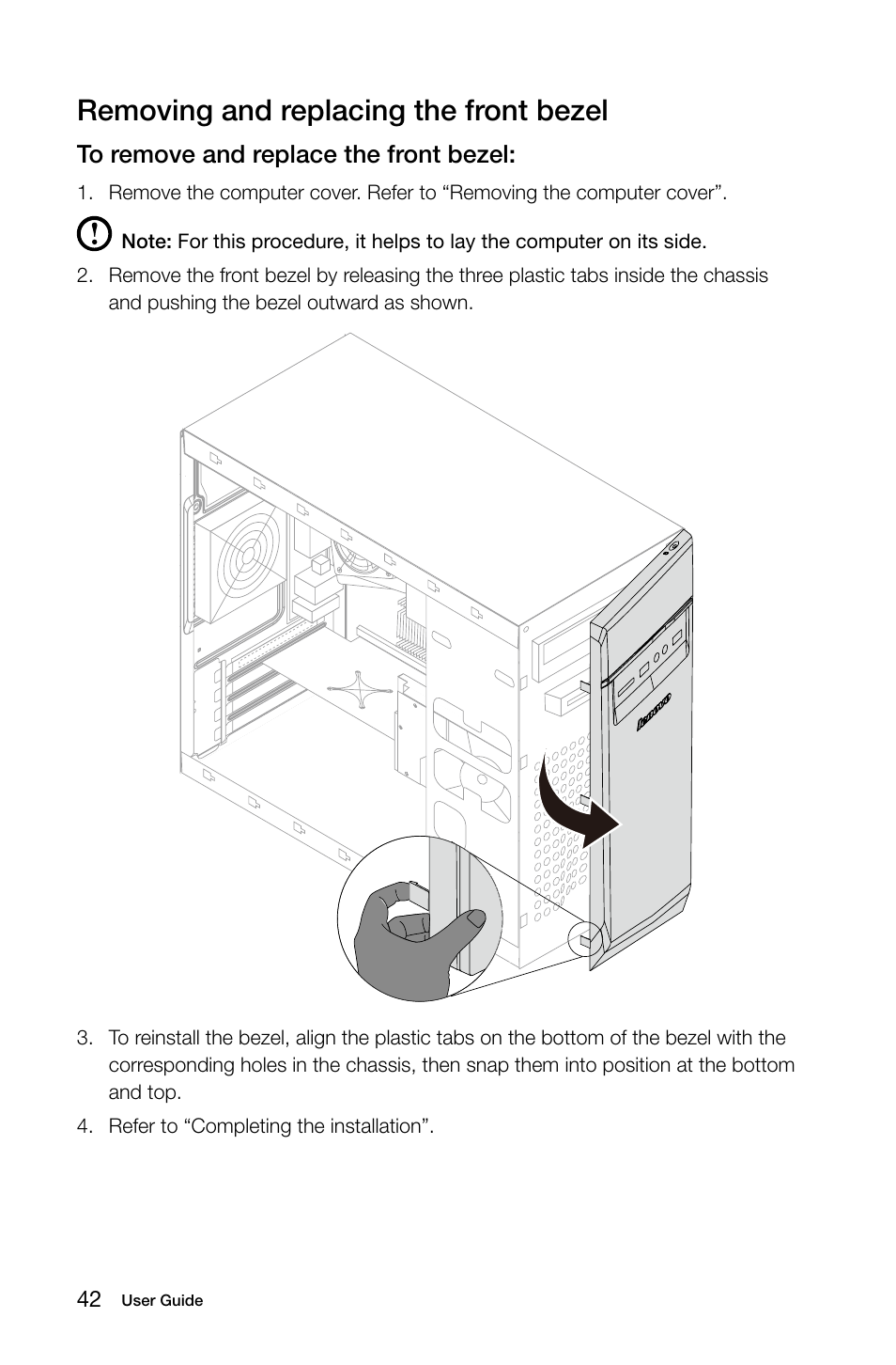 Removing and replacing the front bezel | Lenovo H50-50 Desktop User Manual | Page 47 / 63
