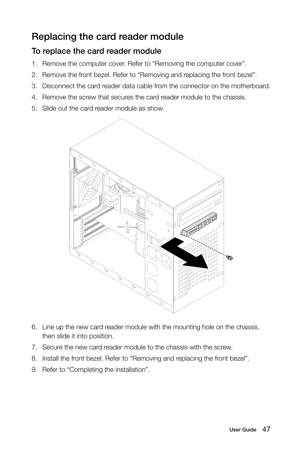 Replacing the card reader module | Lenovo H50-50 Desktop User Manual | Page 52 / 63