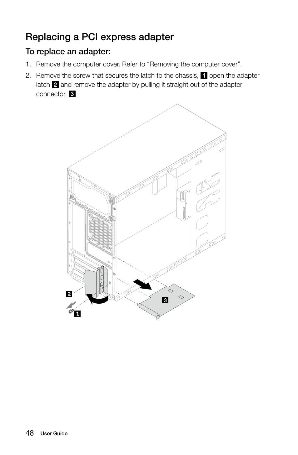 Replacing a pci express adapter | Lenovo H50-50 Desktop User Manual | Page 53 / 63