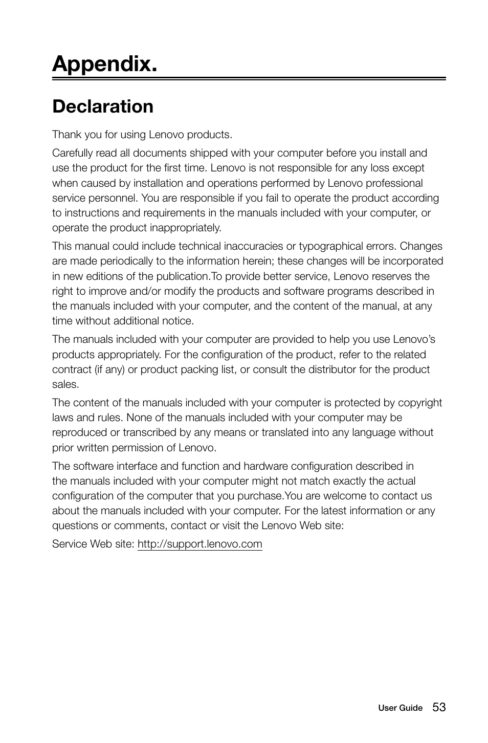 Appendix, Declaration | Lenovo H50-50 Desktop User Manual | Page 58 / 63