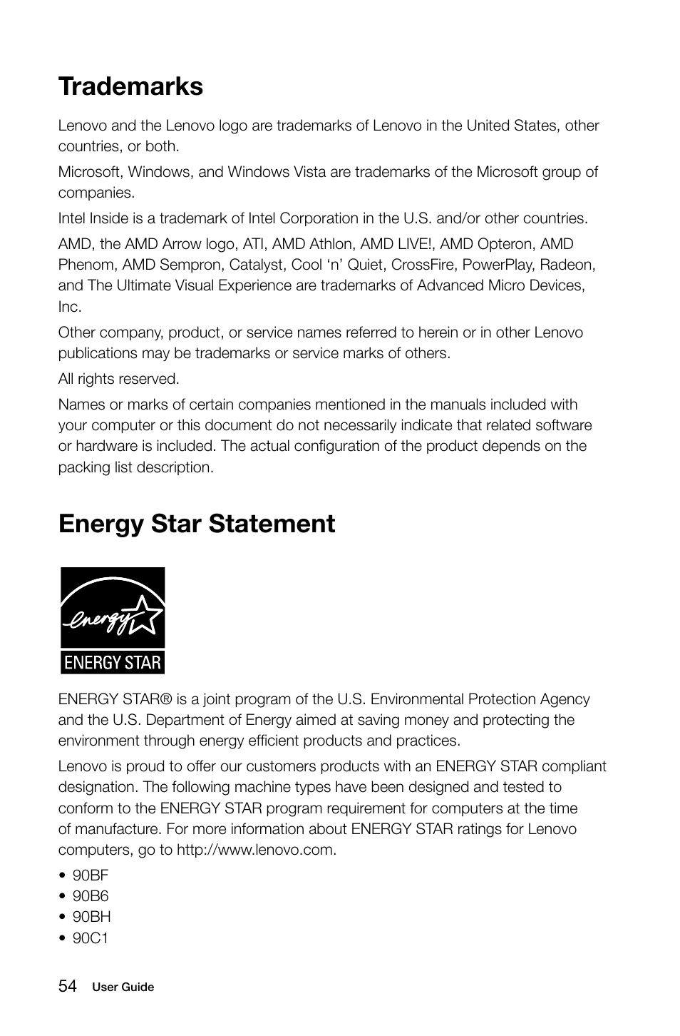 Trademarks, Energy star statement | Lenovo H50-50 Desktop User Manual | Page 59 / 63
