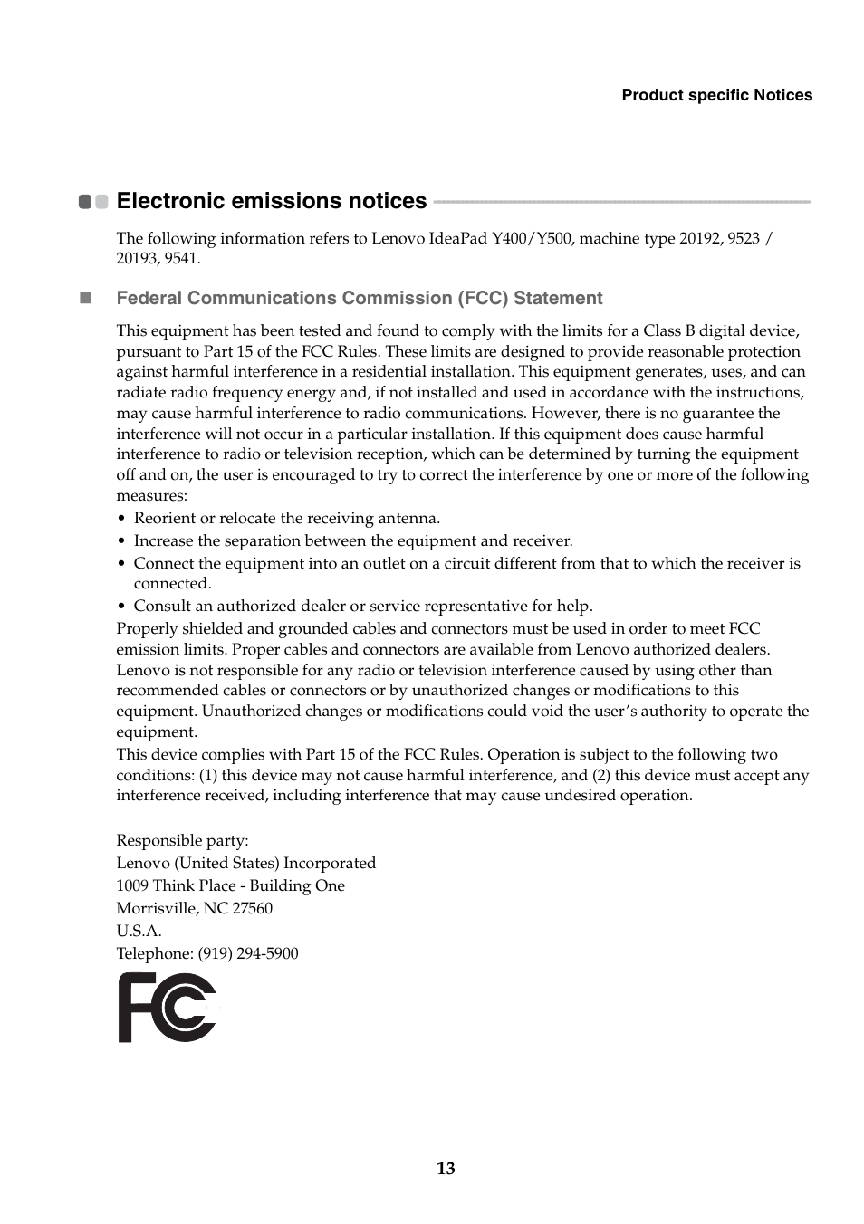 Electronic emissions notices | Lenovo IdeaPad Y400 Notebook User Manual | Page 13 / 18