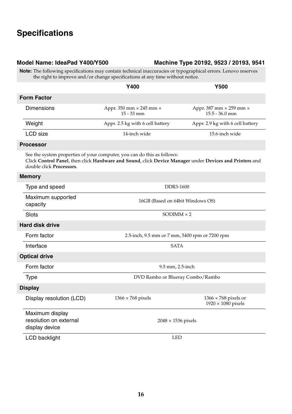 Specifications | Lenovo IdeaPad Y400 Notebook User Manual | Page 16 / 18