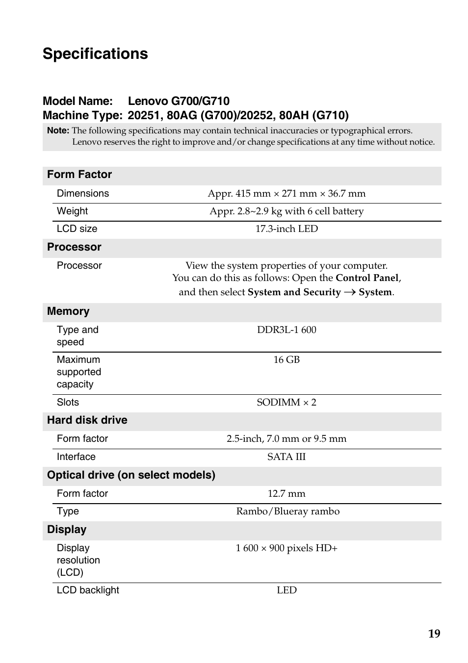 Specifications | Lenovo G700 Notebook User Manual | Page 19 / 21