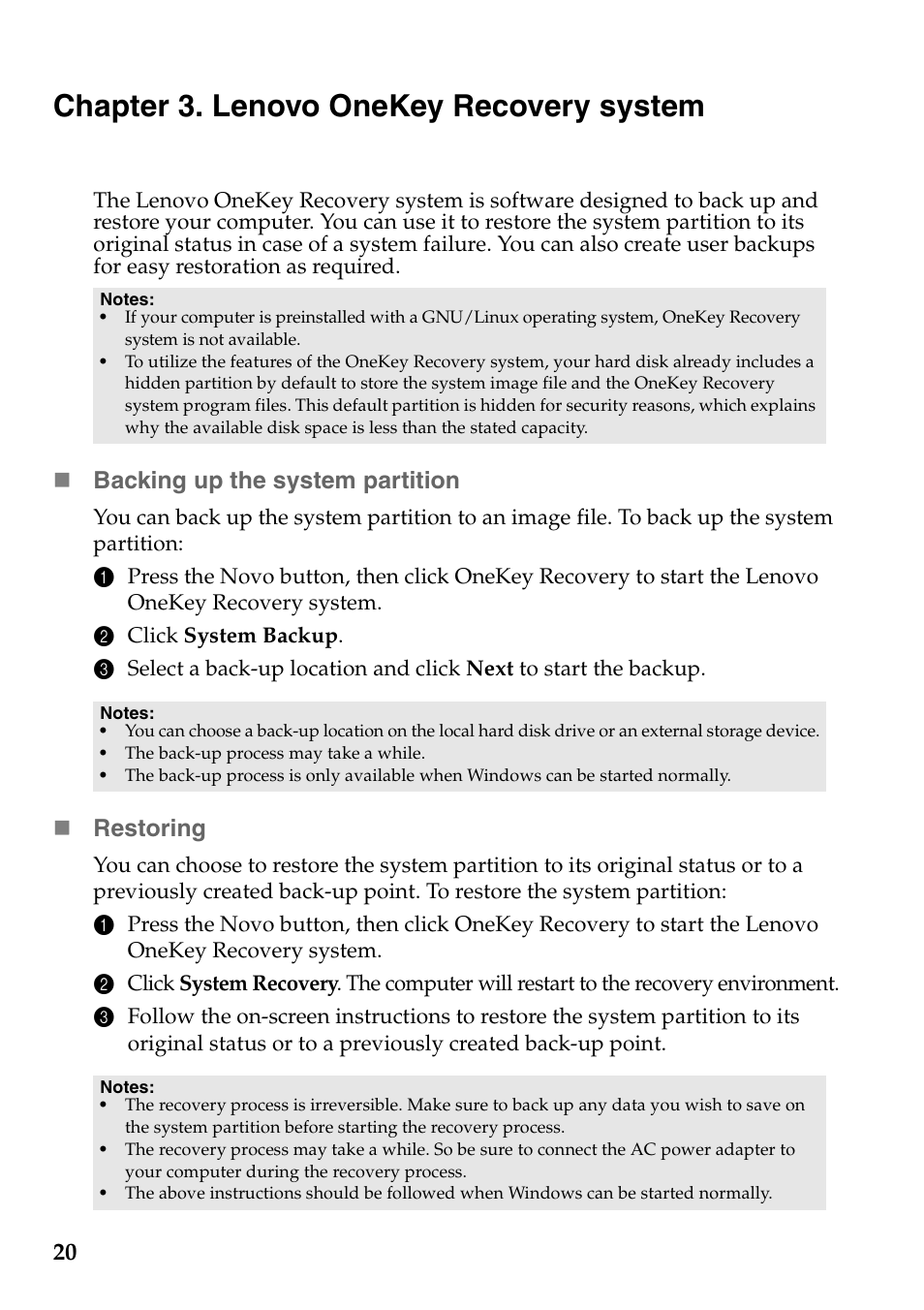 Chapter 3. lenovo onekey recovery system, Backing up the system partition, Restoring | Lenovo IdeaPad Z710 Notebook User Manual | Page 24 / 50