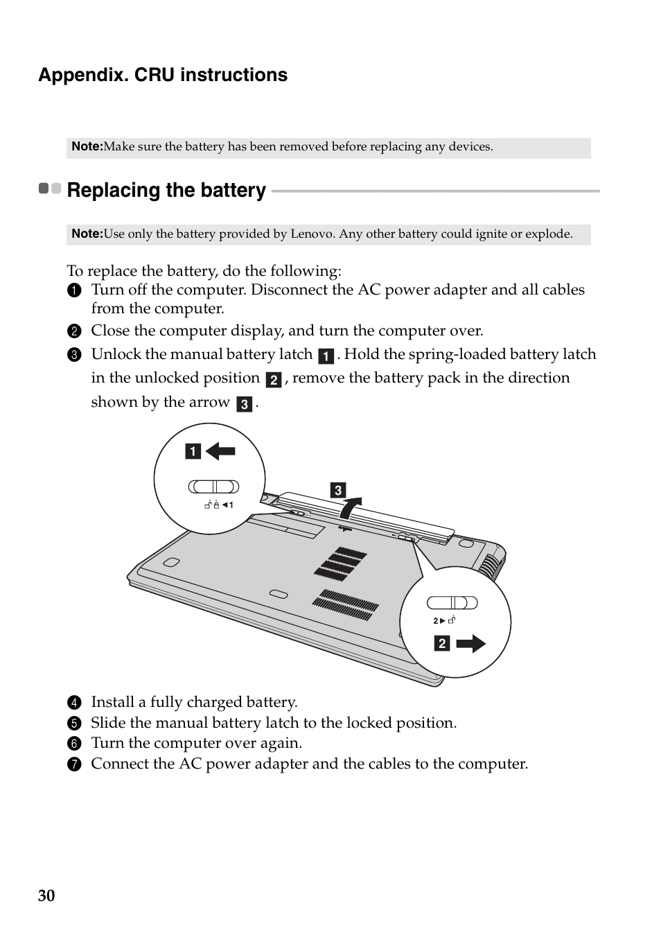 Appendix. cru instructions, Replacing the battery | Lenovo IdeaPad Z710 Notebook User Manual | Page 34 / 50