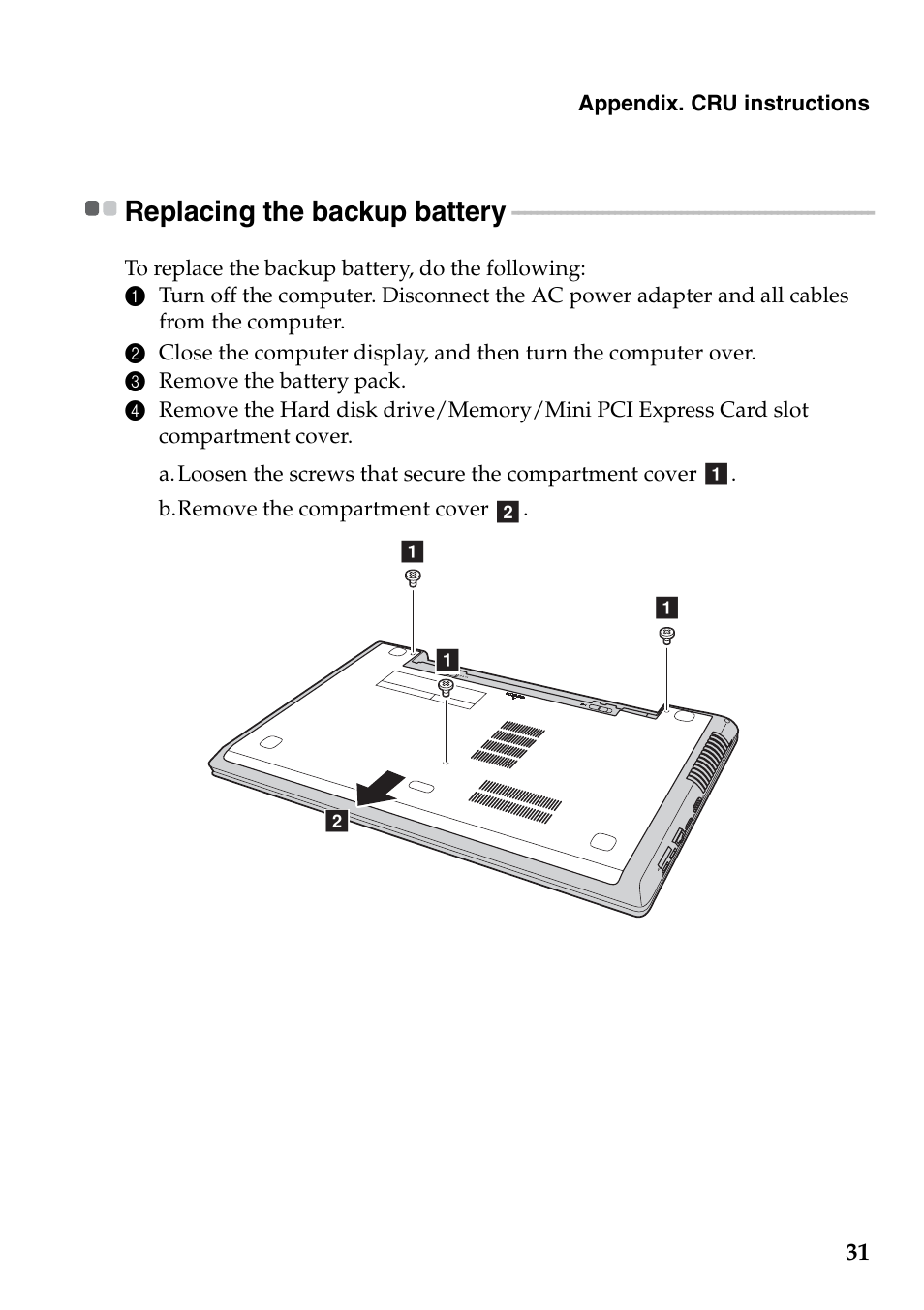 Replacing the backup battery | Lenovo IdeaPad Z710 Notebook User Manual | Page 35 / 50
