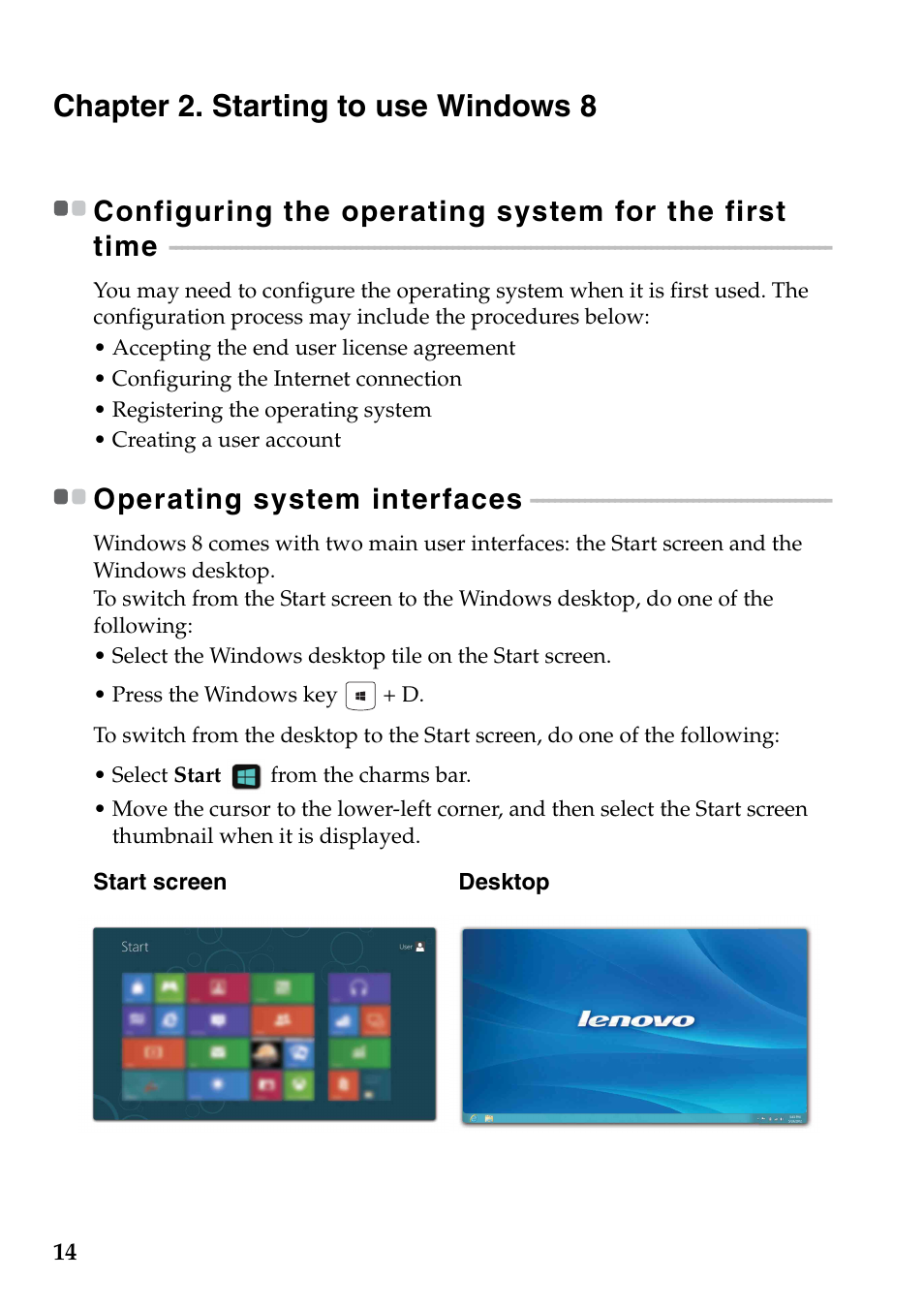 Chapter 2. starting to use windows 8, Operating system interfaces | Lenovo G400 Notebook User Manual | Page 18 / 46