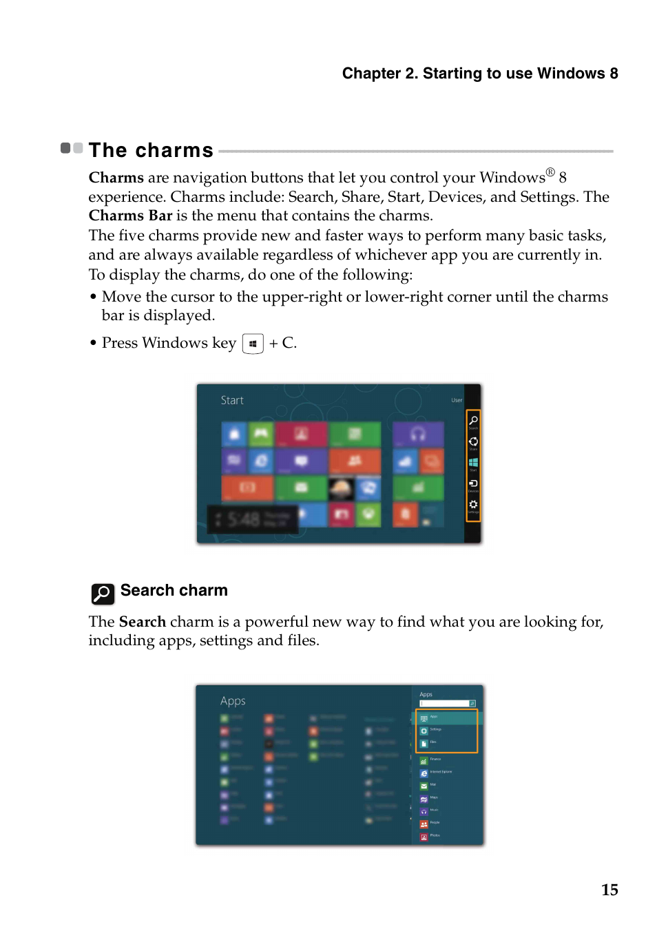 The charms | Lenovo G400 Notebook User Manual | Page 19 / 46