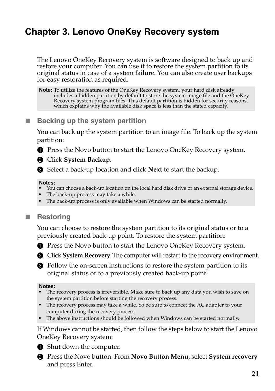 Chapter 3. lenovo onekey recovery system, Backing up the system partition, Restoring | Lenovo G400 Notebook User Manual | Page 25 / 46