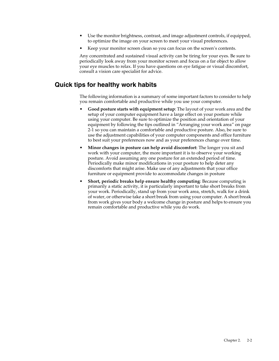 Quick tips for healthy work habits, Quick tips for healthy work habits -2 | Lenovo LI2032 Wide LCD Monitor User Manual | Page 11 / 27