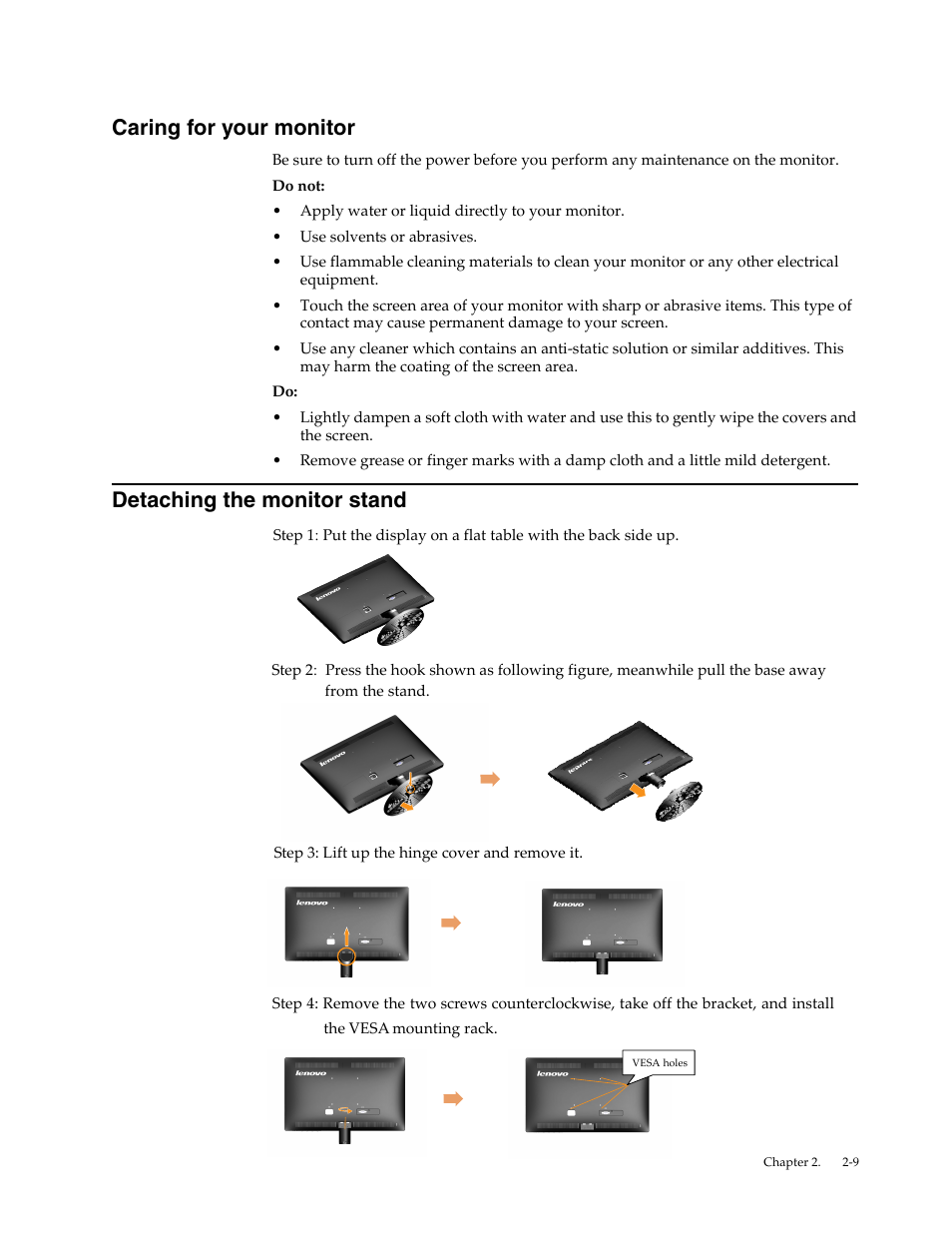 Caring for your monitor, Detaching the monitor stand | Lenovo LI2032 Wide LCD Monitor User Manual | Page 18 / 27