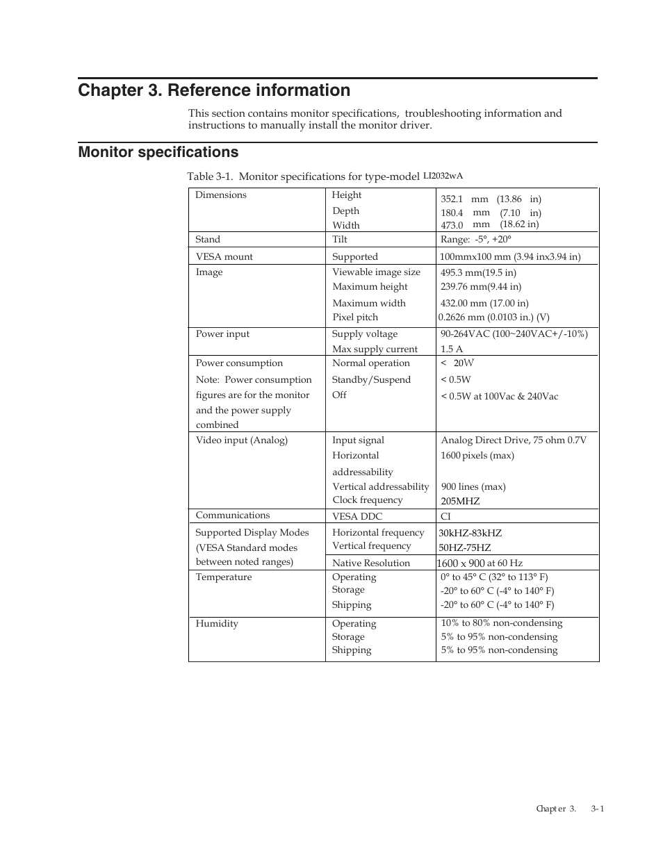 Chapter 3. reference information, Monitor specifications, Monitor specifications -1 | Mo nitor specifications | Lenovo LI2032 Wide LCD Monitor User Manual | Page 19 / 27