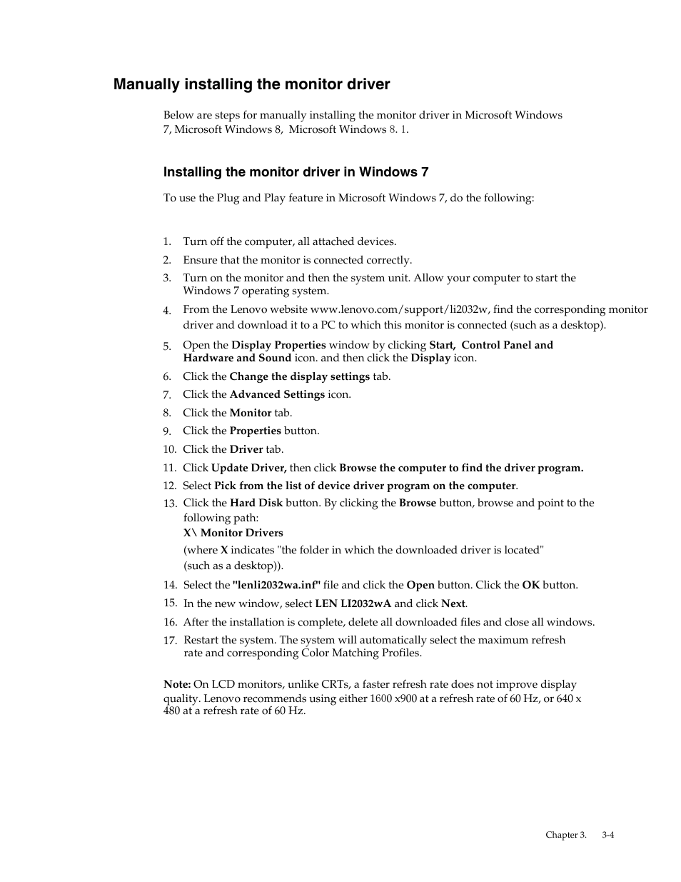 Manually installing the monitor driver, Installing the monitor driver in windows 7 | Lenovo LI2032 Wide LCD Monitor User Manual | Page 22 / 27