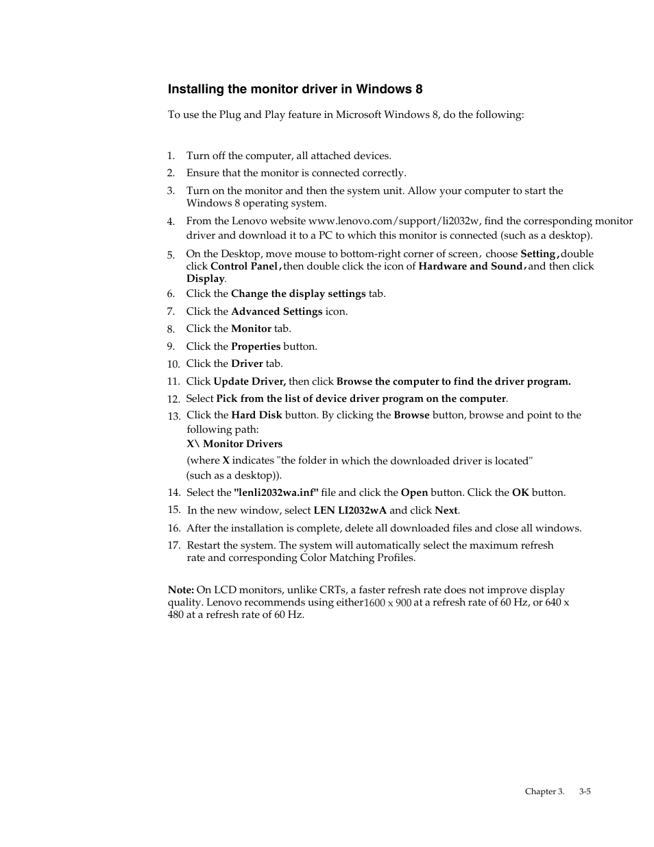 Installing the monitor driver in windows 8 | Lenovo LI2032 Wide LCD Monitor User Manual | Page 23 / 27