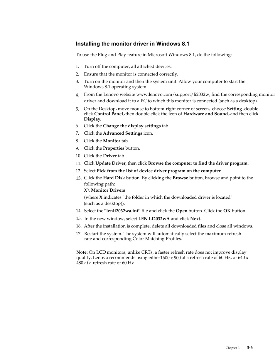 Installing the monitor driver in windows 8.1, Installing the monitor driver in windows 8.1 -6 | Lenovo LI2032 Wide LCD Monitor User Manual | Page 24 / 27