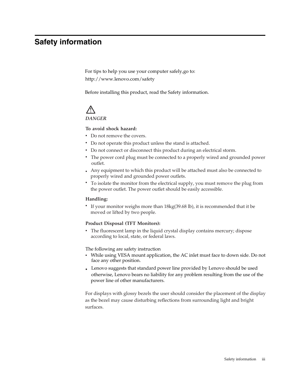 Safety information, General safety guidelines | Lenovo LI2032 Wide LCD Monitor User Manual | Page 4 / 27